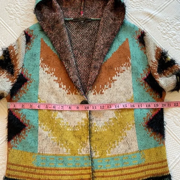 MaxSport Aztec Open Front Cardigan Hood Sweater Western Tribal Ivory/Turquoise - Picture 9 of 12